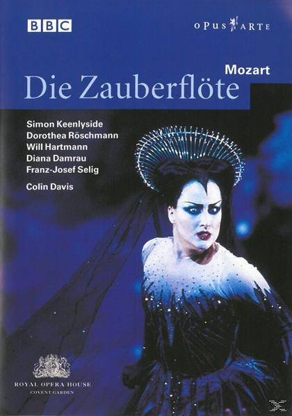 Eine Frau in Kostüm auf einem DVD-Cover. Blaue und schwarze Töne, Text für die Oper 'Die Zauberflöte'.