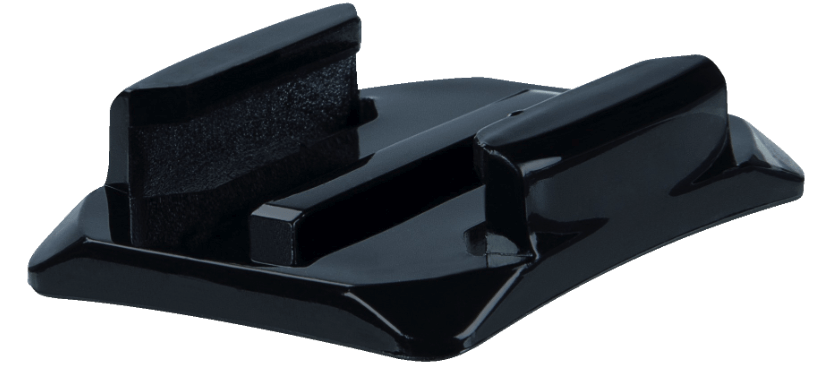 Base de fixation de caméra noire. Possède deux supports coudés. Elle est brillante et réfléchit la lumière.
