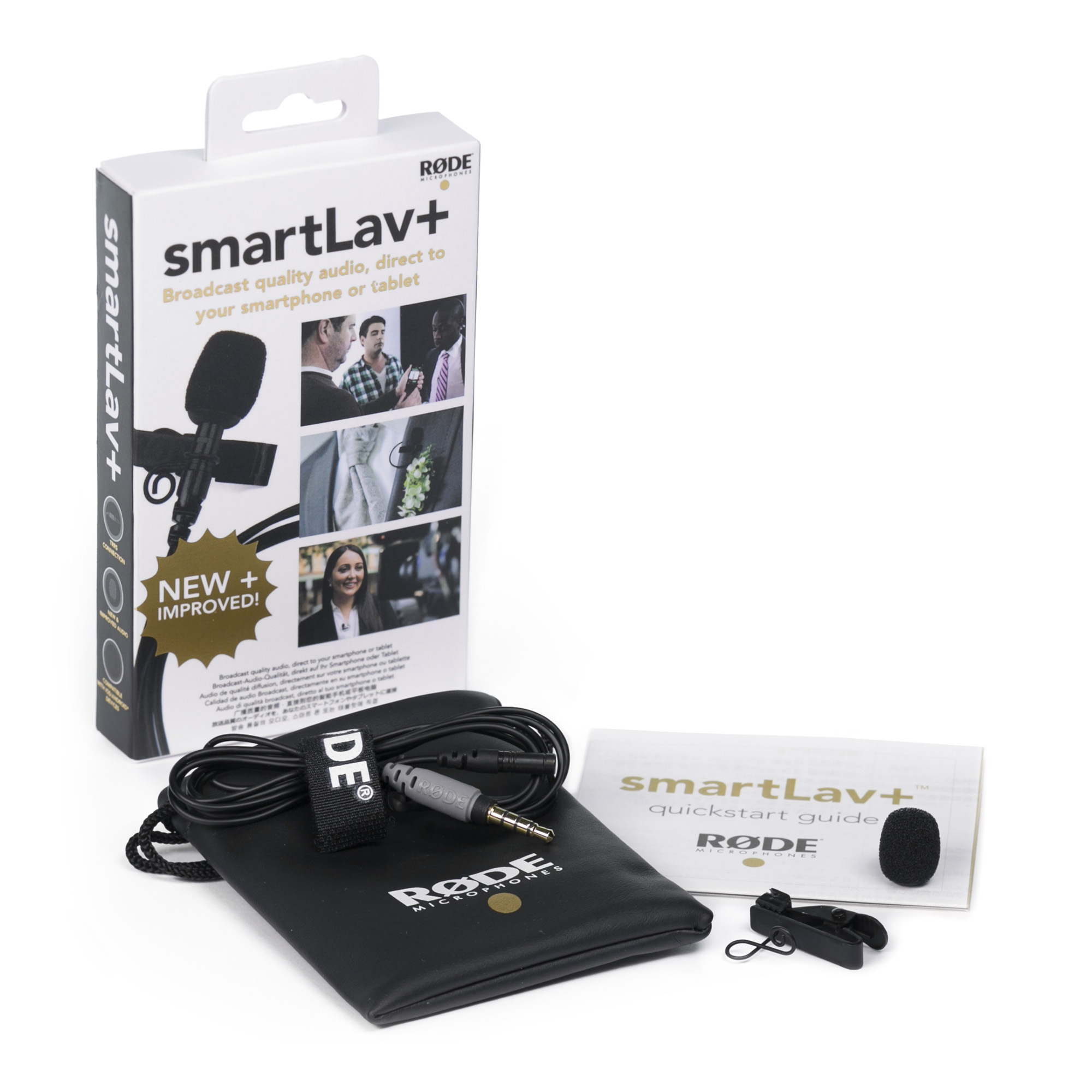 Eine weiße Schachtel mit Mikrofon, Kabel und Zubehör. Marke ist RODE, Produkt ist smartLav+.