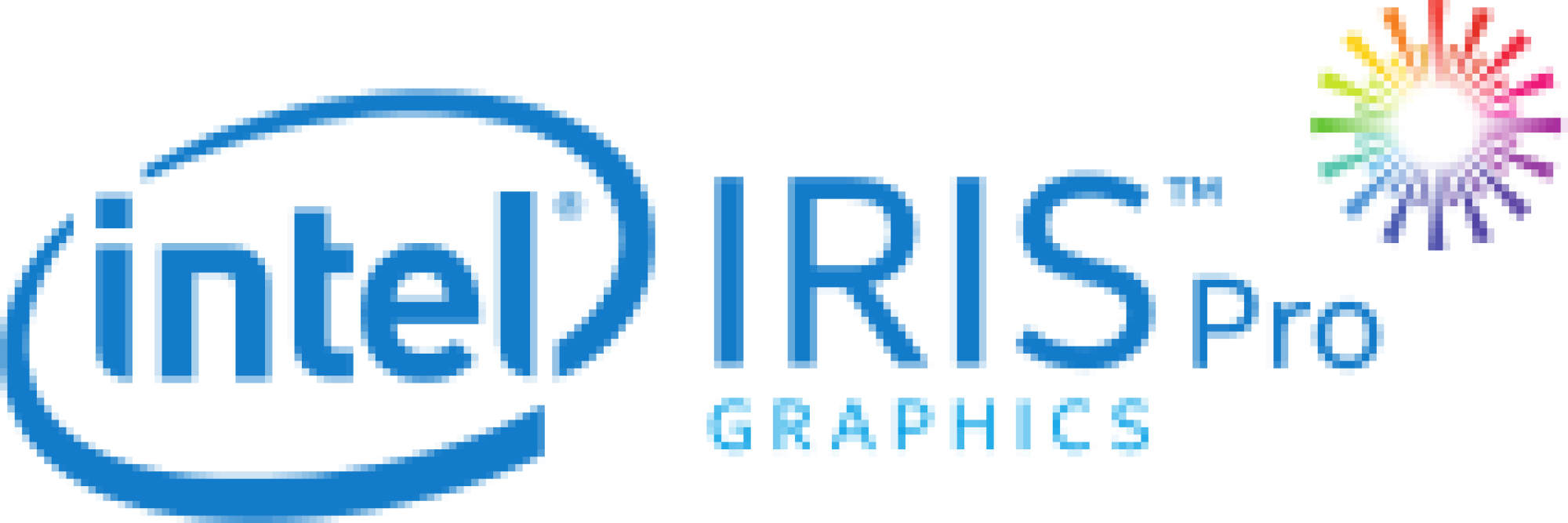 Intel Iris Pro Graphics Logo, blauer Text und ein farbenfrohes Rad.