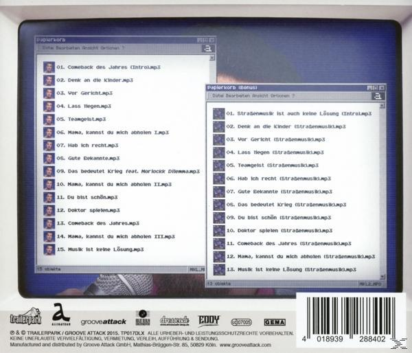 Ein PC-Bildschirm zeigt eine Musik-Trackliste. Der Hintergrund ist weiß. Der Text ist auf Deutsch.