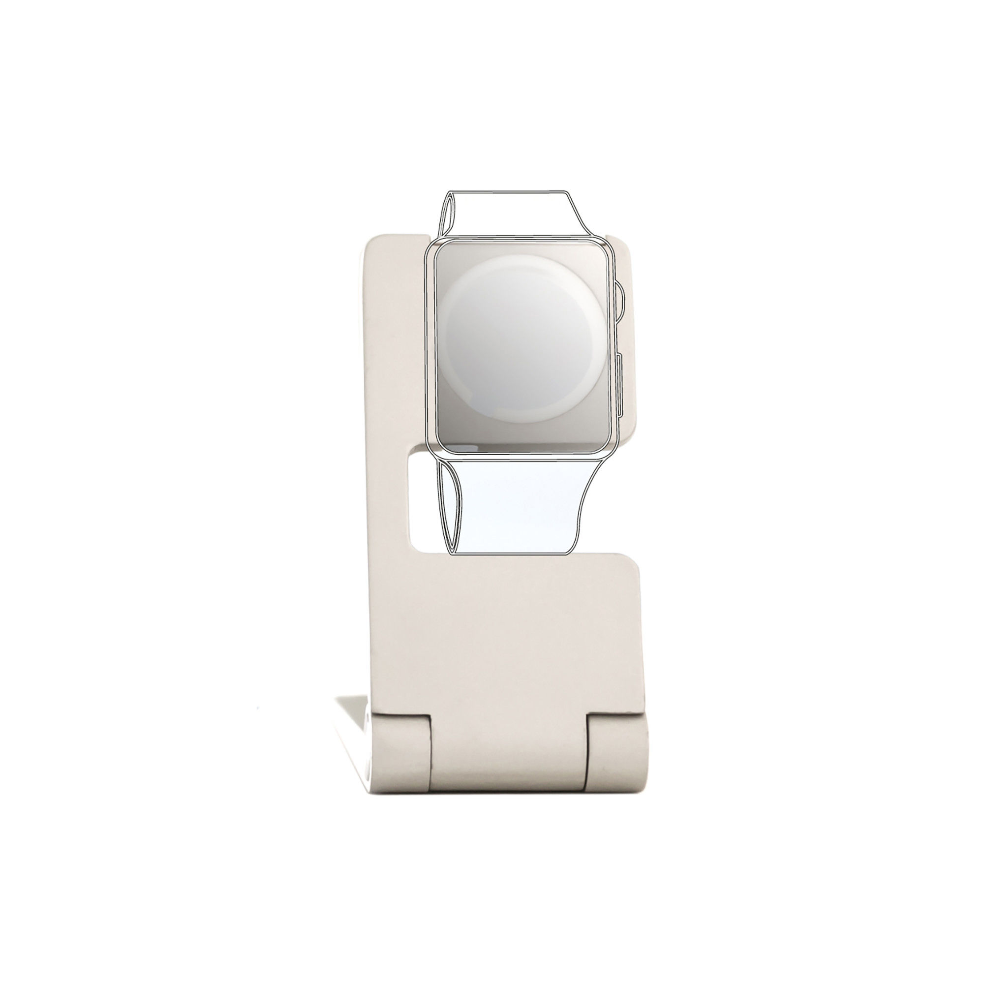 Beiger Apple Watch Ständer mit der Umrisszeichnung der Uhr auf der Vorderseite, zeigt den Bildschirm.