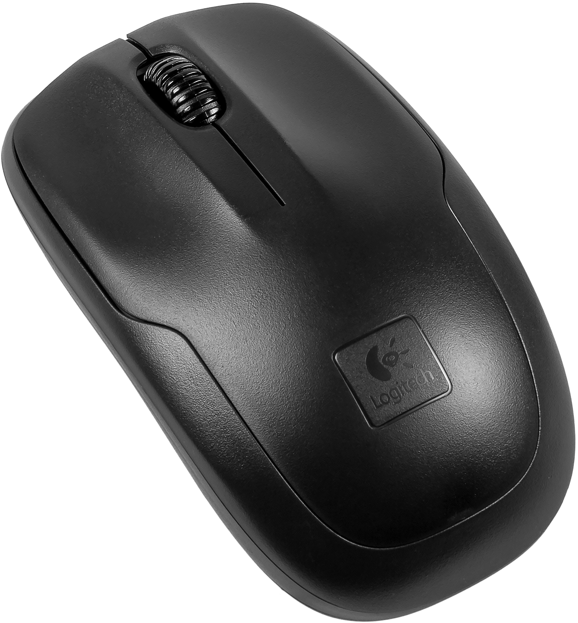 Fekete Logitech egér görgetőkerékkel és Logitech logóval.
