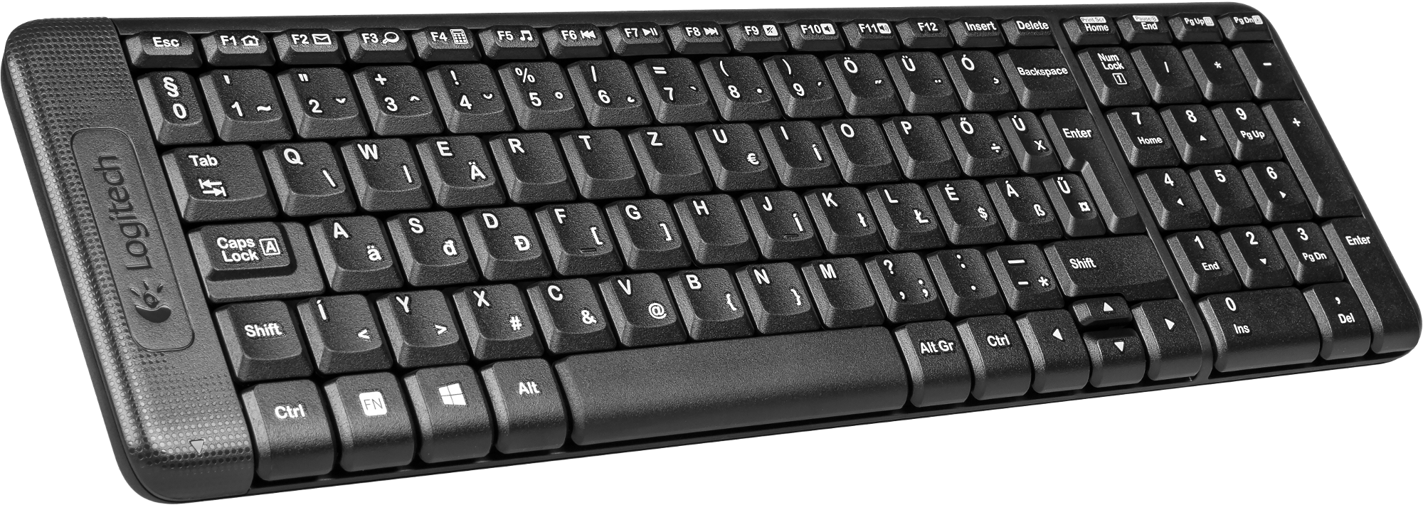 Fekete Logitech billentyűzet fehér gombokkal, betűket és számokat mutat.