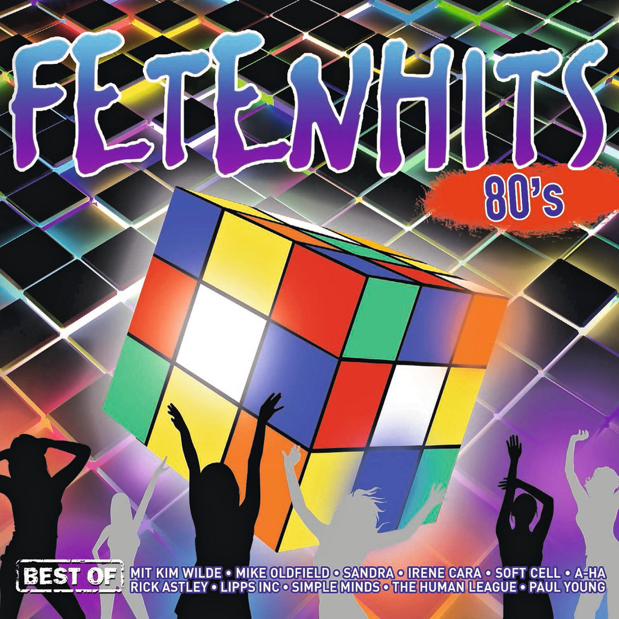 Albumcover mit einem Rubik's Cube und Silhouetten von Personen. Text lautet 'Fetenhits 80's' und 'Best of'.
