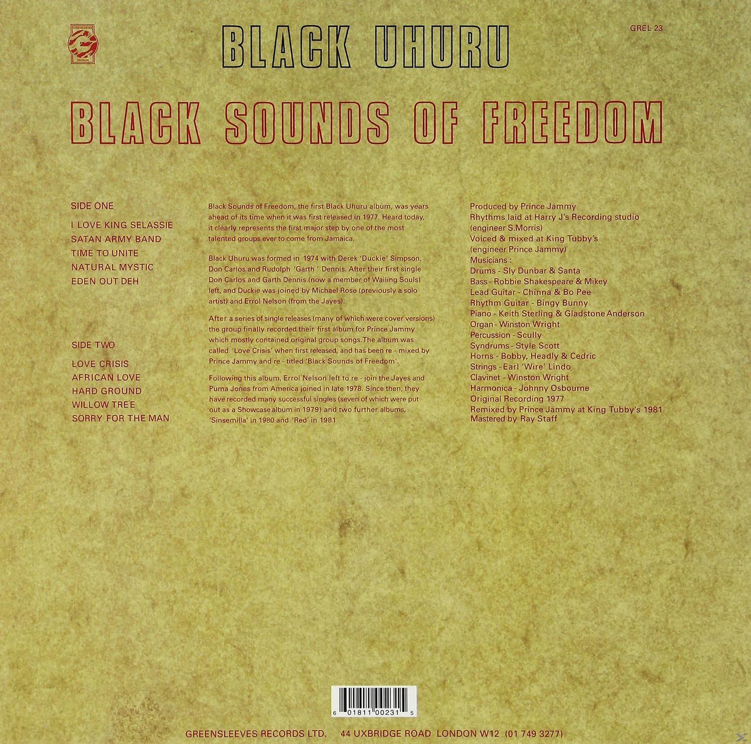 Albumcover von Black Uhuru, Black Sounds of Freedom. Text und Bilder auf beigem Hintergrund. Greensleeves Records Logo.