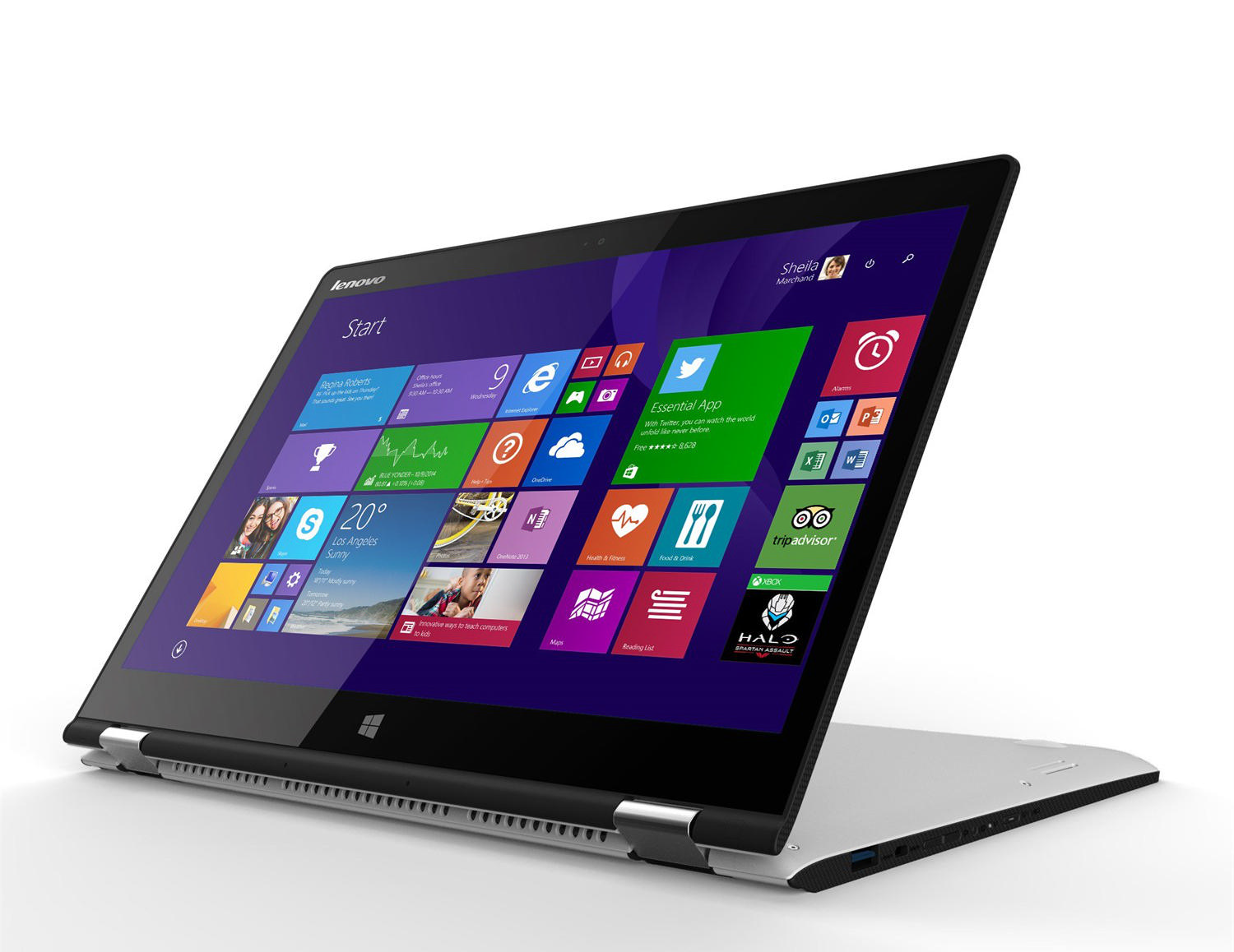 Windows 8 arayüzünü gösteren siyah ekranlı, gümüş renkli bir dizüstü bilgisayar. Ekran, uygulama simgelerini ve bir başlangıç menüsünü gösteriyor.