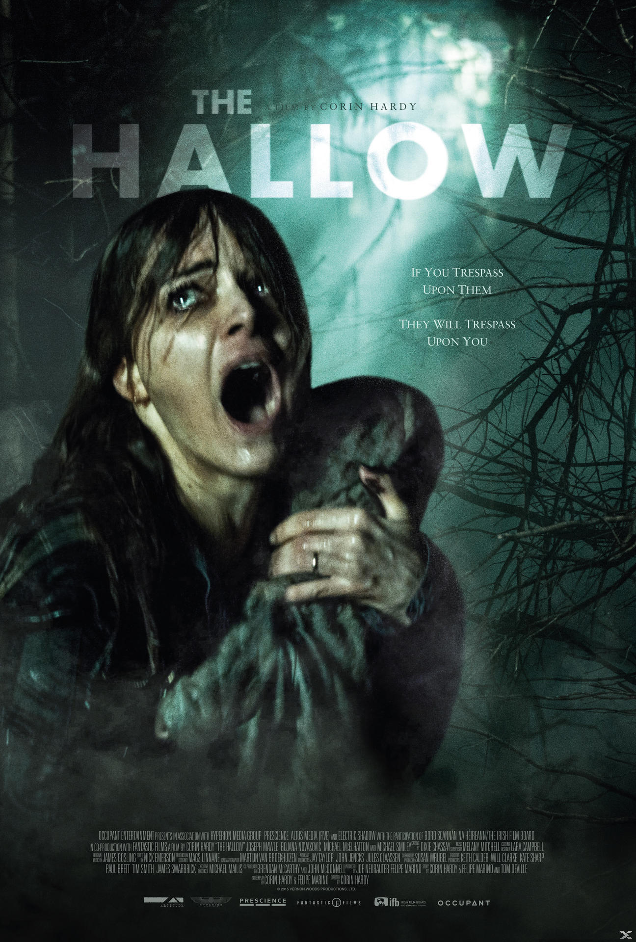 Ein Filmposter mit einer schreienden Frau. Ein dunkler Wald ist im Hintergrund. Der Titel ist 'The Hallow'.