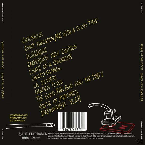 Albumcover für Panic! at the Disco's Death of a Bachelor. Songtitel sind auf cremefarbenem Hintergrund gelistet.