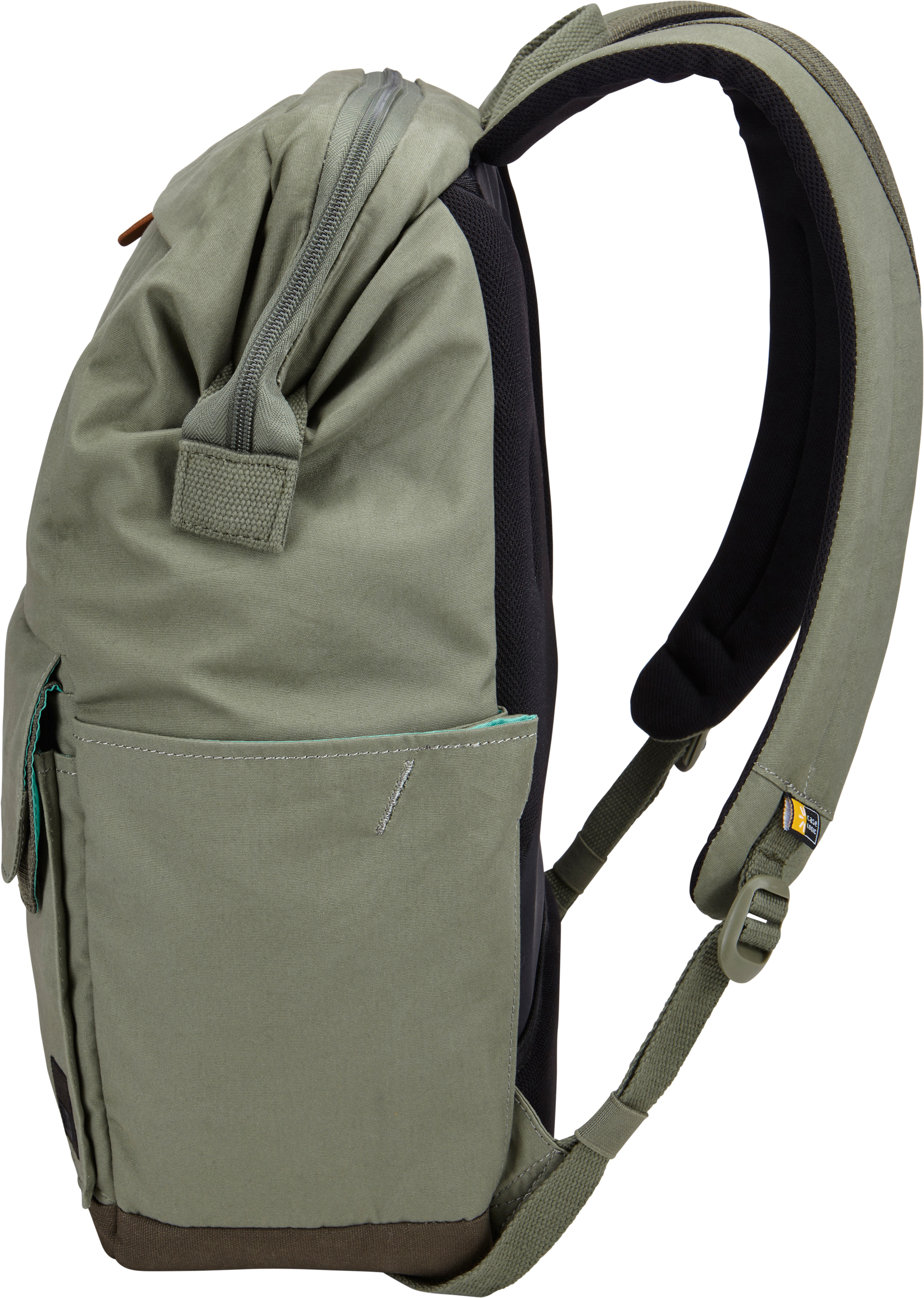 Grüner Rucksack mit Seitentaschen und schwarzem Rückengurt. Reißverschluss und braune Details.