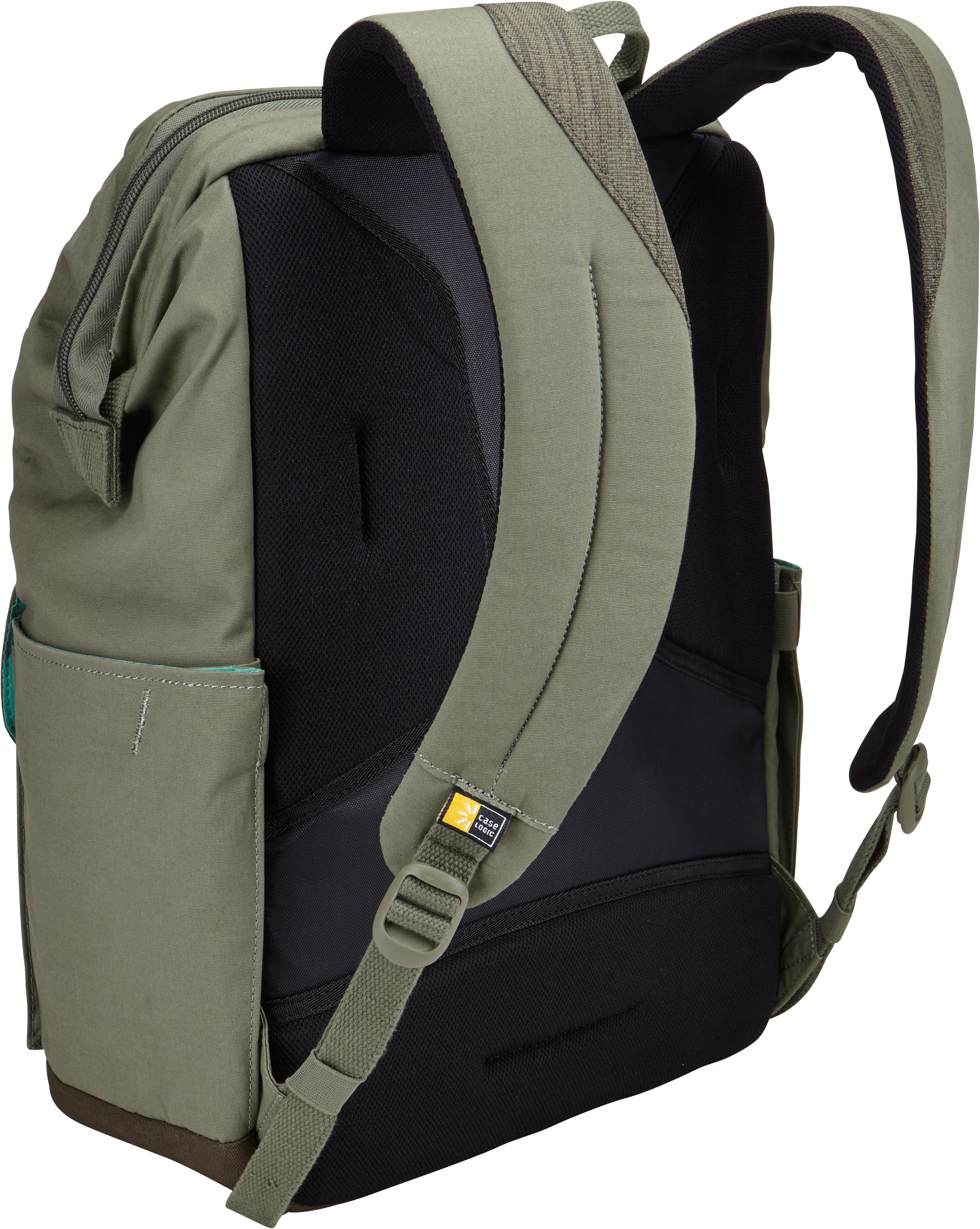 Grüner und schwarzer Rucksack. Seitenansicht, Träger und Case Logic-Logo.