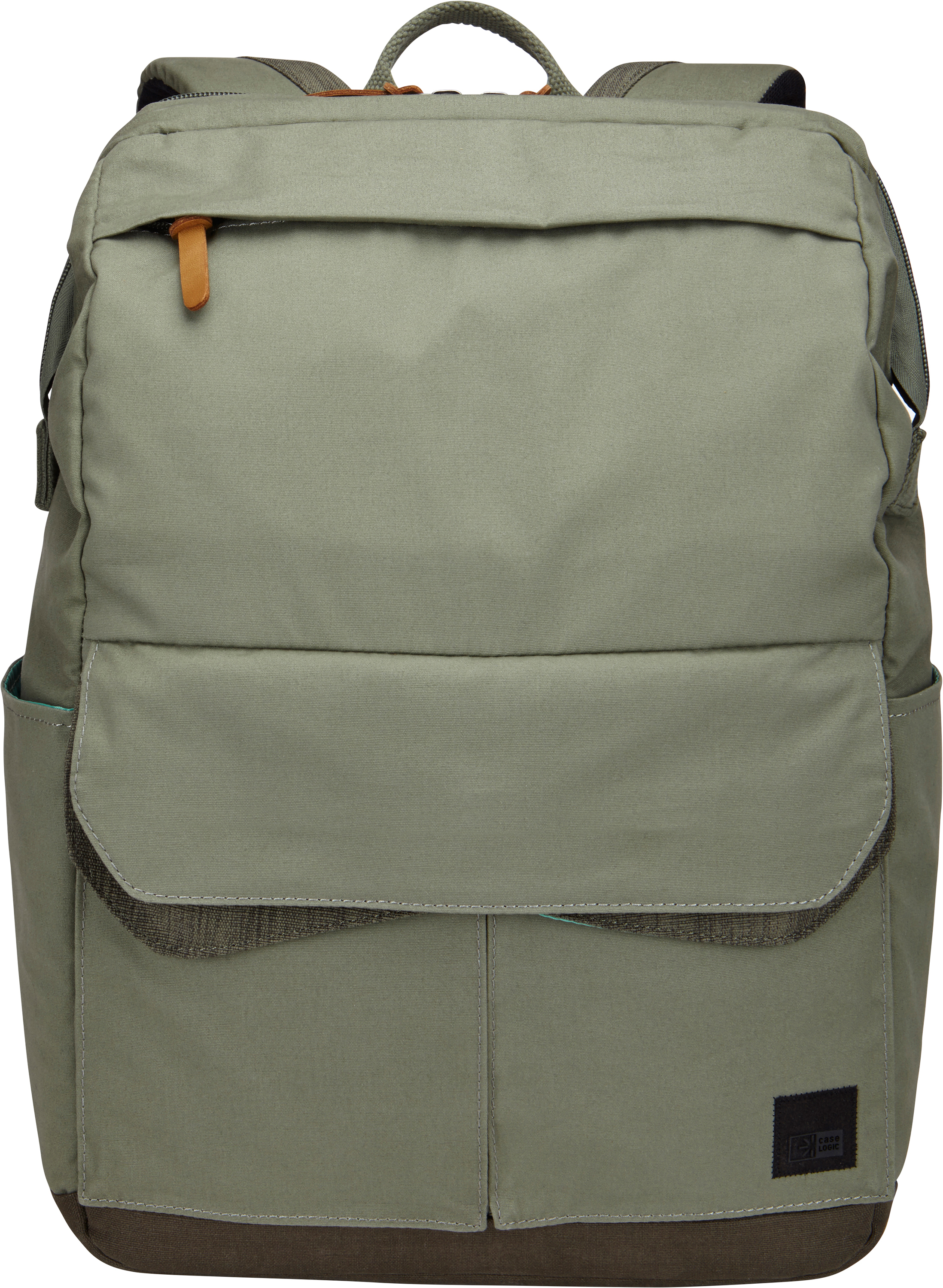 Grüner Rucksack mit mehreren Taschen und Riemen. Braune Akzente. Schwarzes Case Logic Logo unten rechts.