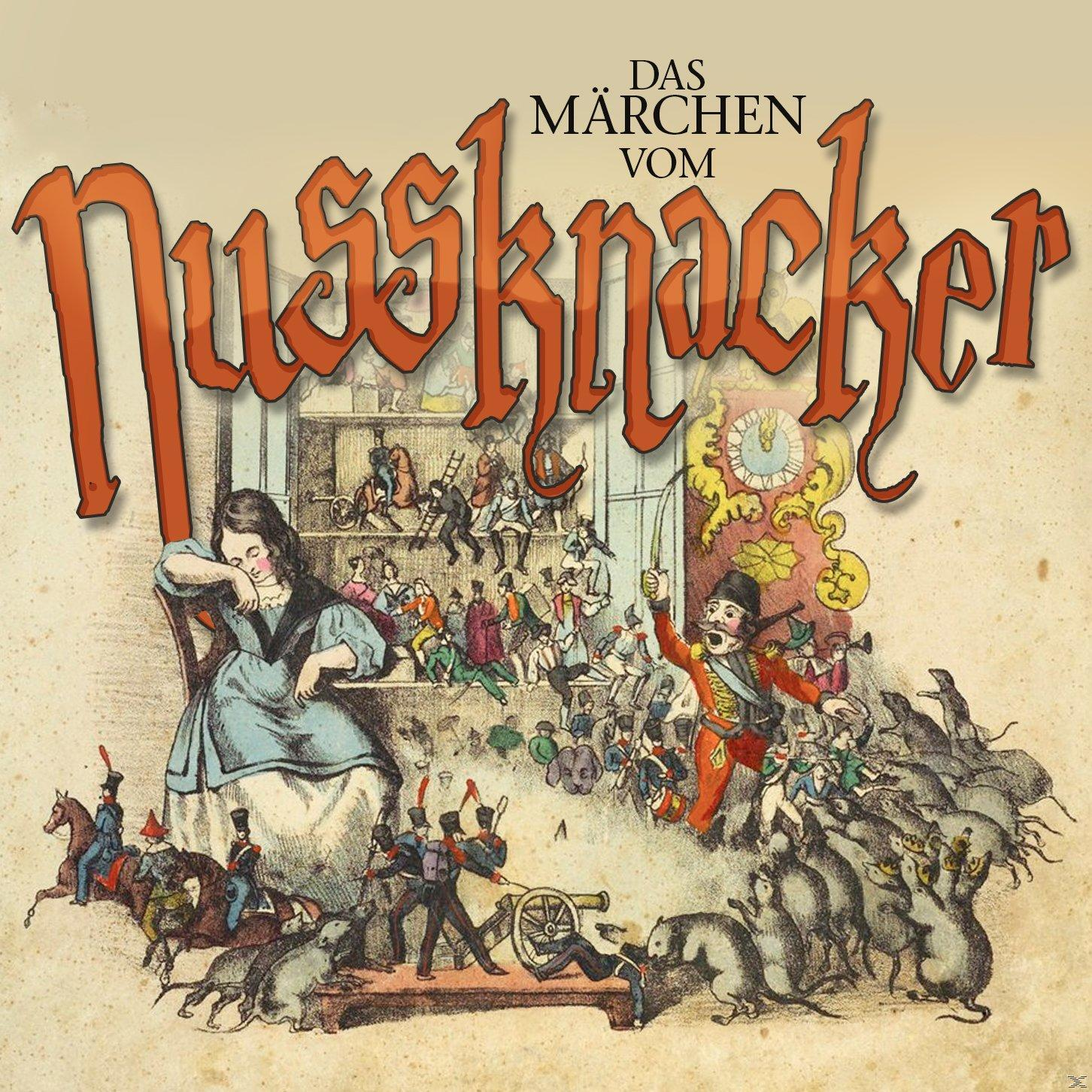 Illustration aus 'Das Märchen vom Nussknacker' mit einer schlafenden Frau und einer Kampfszene.