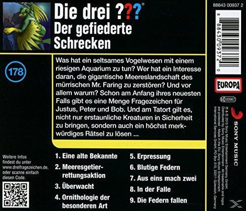 CD-Hülle mit Text in deutscher Sprache, darunter eine Zusammenfassung und Titelliste für ein Die drei ??? Hörbuch.