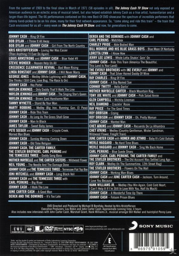 Eine Liste von Künstlern, die in der Johnny Cash TV-Show auftreten, mit Songtiteln, auf blauem Hintergrund.