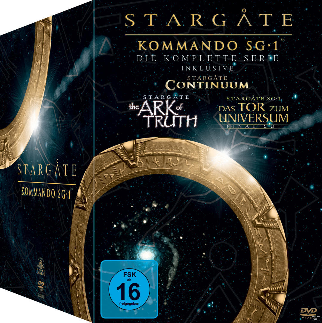 DVD-Box-Set: Stargate-Serientitel, Logo und Weltraumhintergrund. FSK 16 Logo.