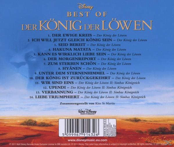CD-Cover mit Songtiteln aus Der König der Löwen. Disney Records Logo. Weißes und goldenes Farbschema.