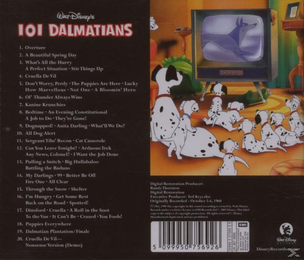 101 Dalmatiner CD-Cover mit Szenen aus dem Film und der Titelliste auf der Rückseite.