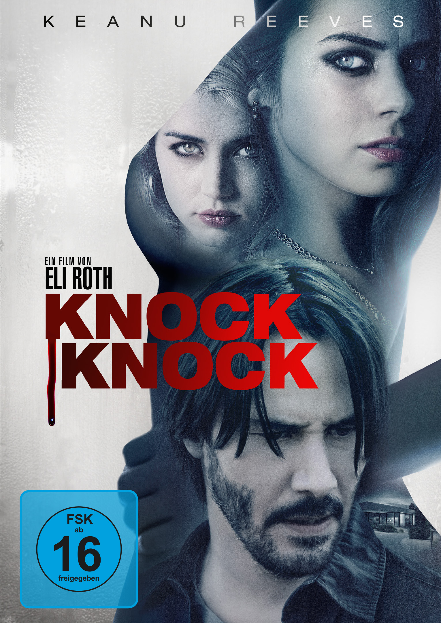 Filmposter für Knock Knock. Keanu Reeves und zwei Frauen, mit Text.