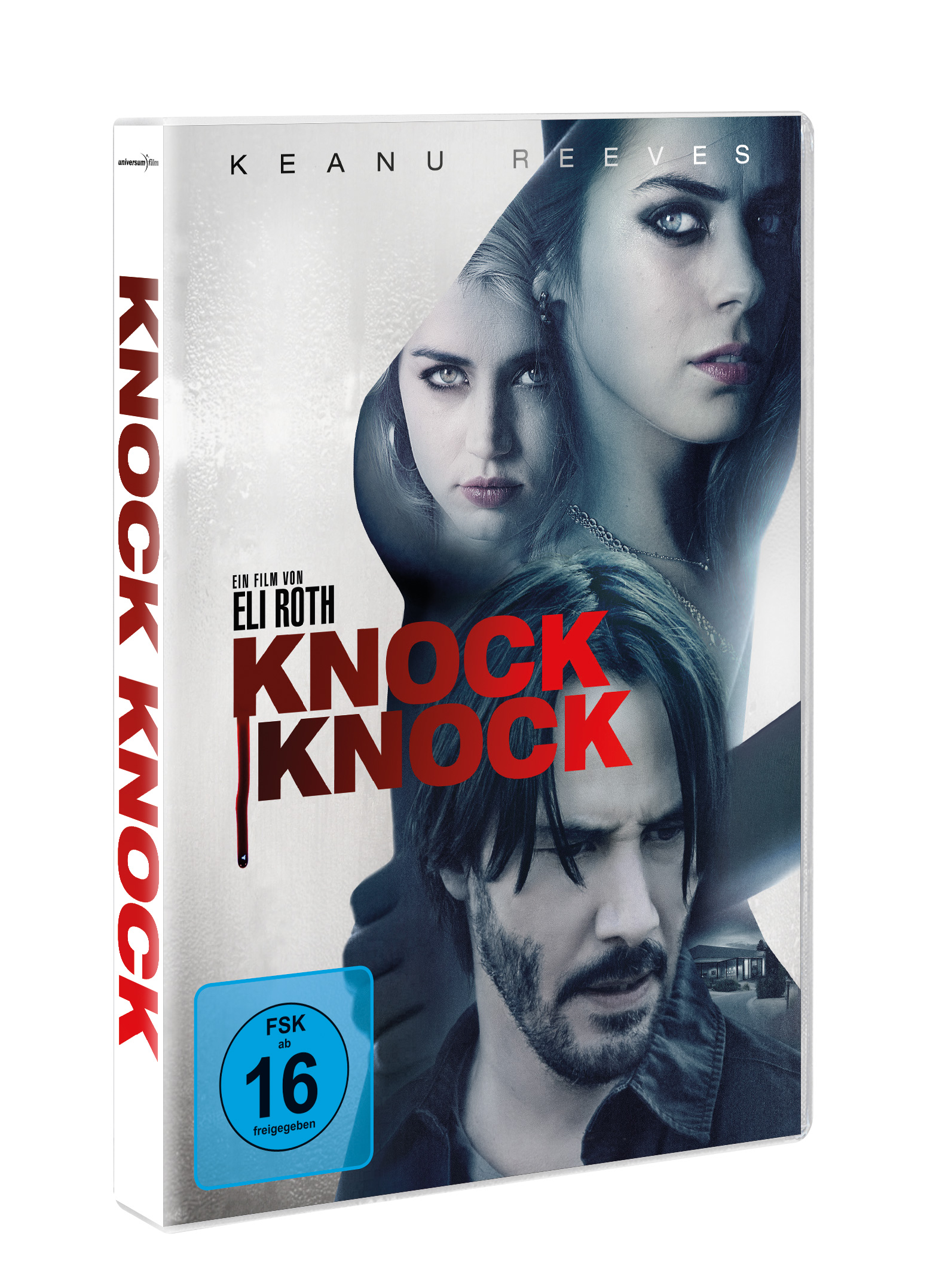 DVD-Cover: Knock Knock, mit Keanu Reeves und zwei Frauen. Dunkles, spannungsgeladenes Design.