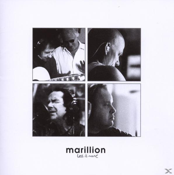 Albumcover in Schwarzweiß, vier Fotos von Bandmitgliedern. Titel 'Less Is More' von Marillion.