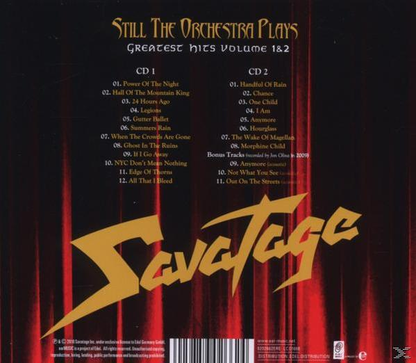 CD-Rückseite: Titelliste für Savatages Greatest Hits Volume 1 & 2, mit dem Bandlogo unten.
