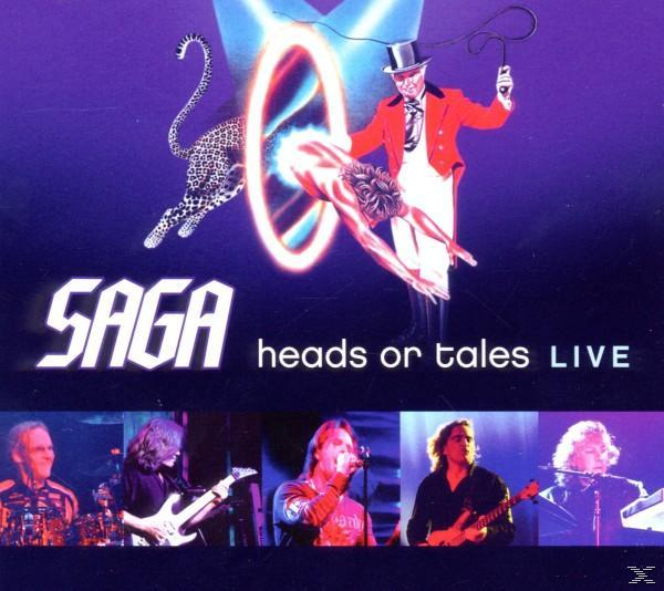 Albumcover: Bühne, Mann in Rot. Titel: SAGA, heads or tales LIVE. Bandmitglieder.