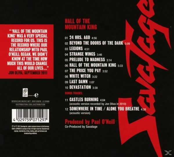 Albumcover mit Titelliste: Hall of the Mountain King, von Savatage. Roter Text auf schwarzem Hintergrund.