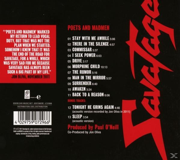 Albumcover mit Text in Rot. Der Albumname lautet Poets and Madmen, mit Titelliste und Credits.