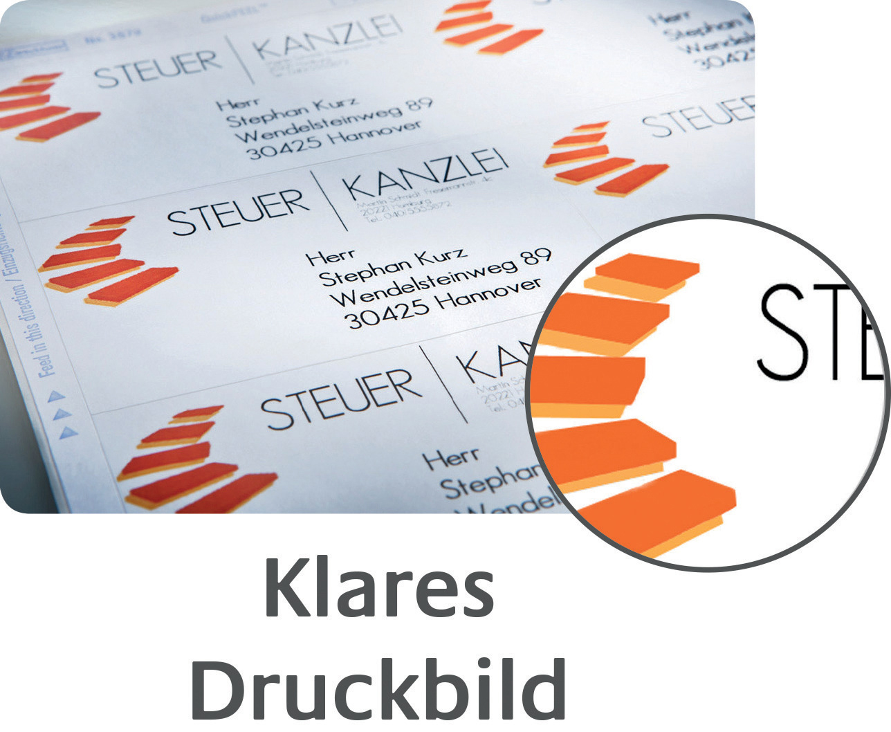 Weißes Papier mit roten Treppen und Text 'Klares Druckbild', mit vergrößertem Detail.