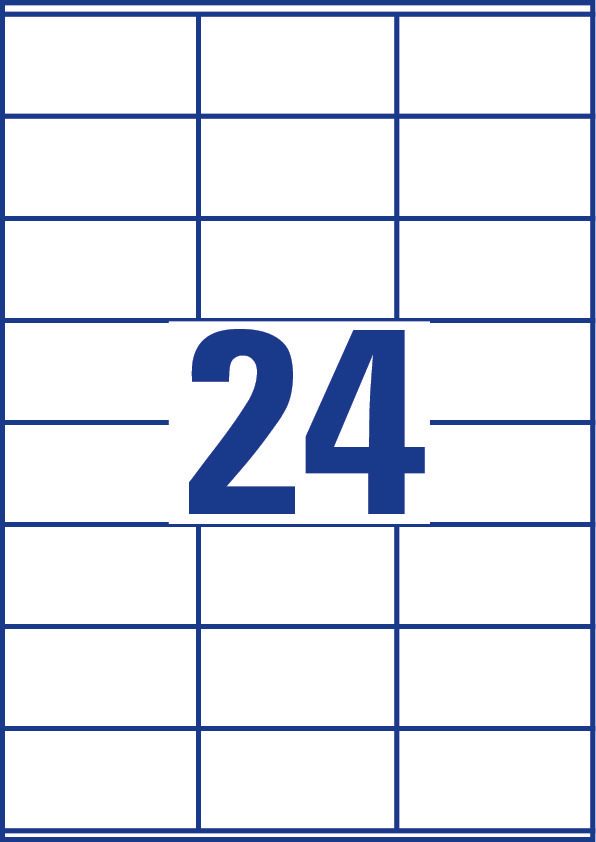 Bogen mit 24 weißen Etiketten mit blauen Rasterlinien und der Zahl 24.