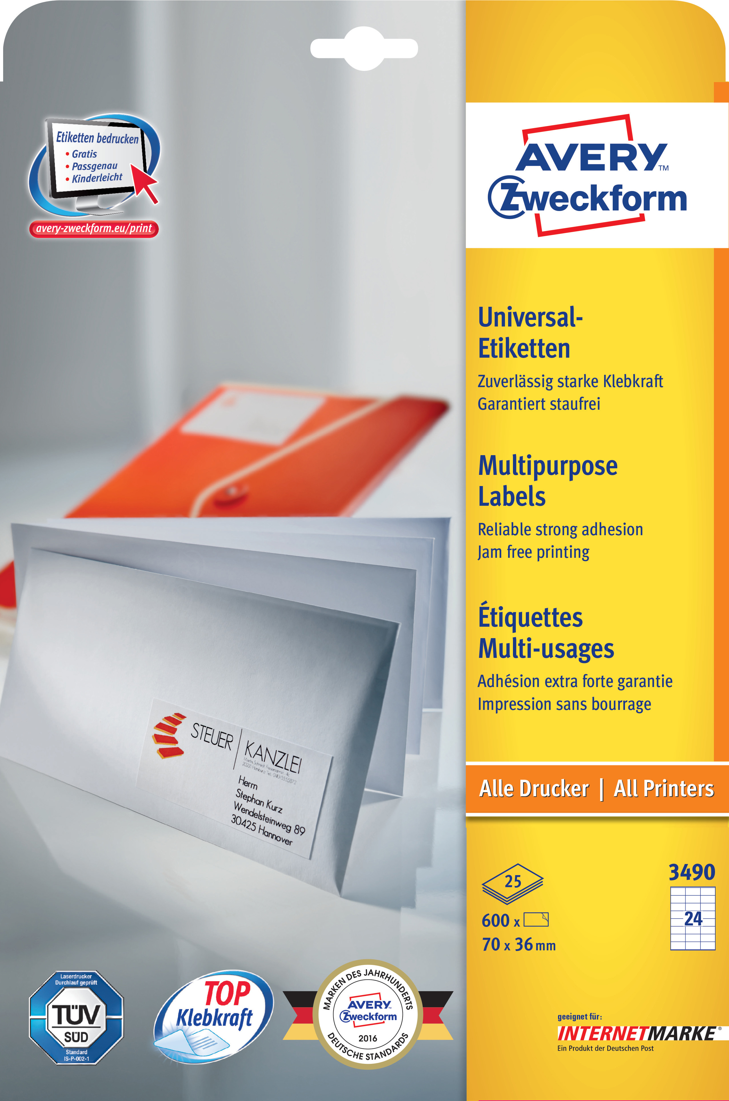 Avery Zweckform Etikettenpaket. Rotes und weißes Design, mit Umschlägen.