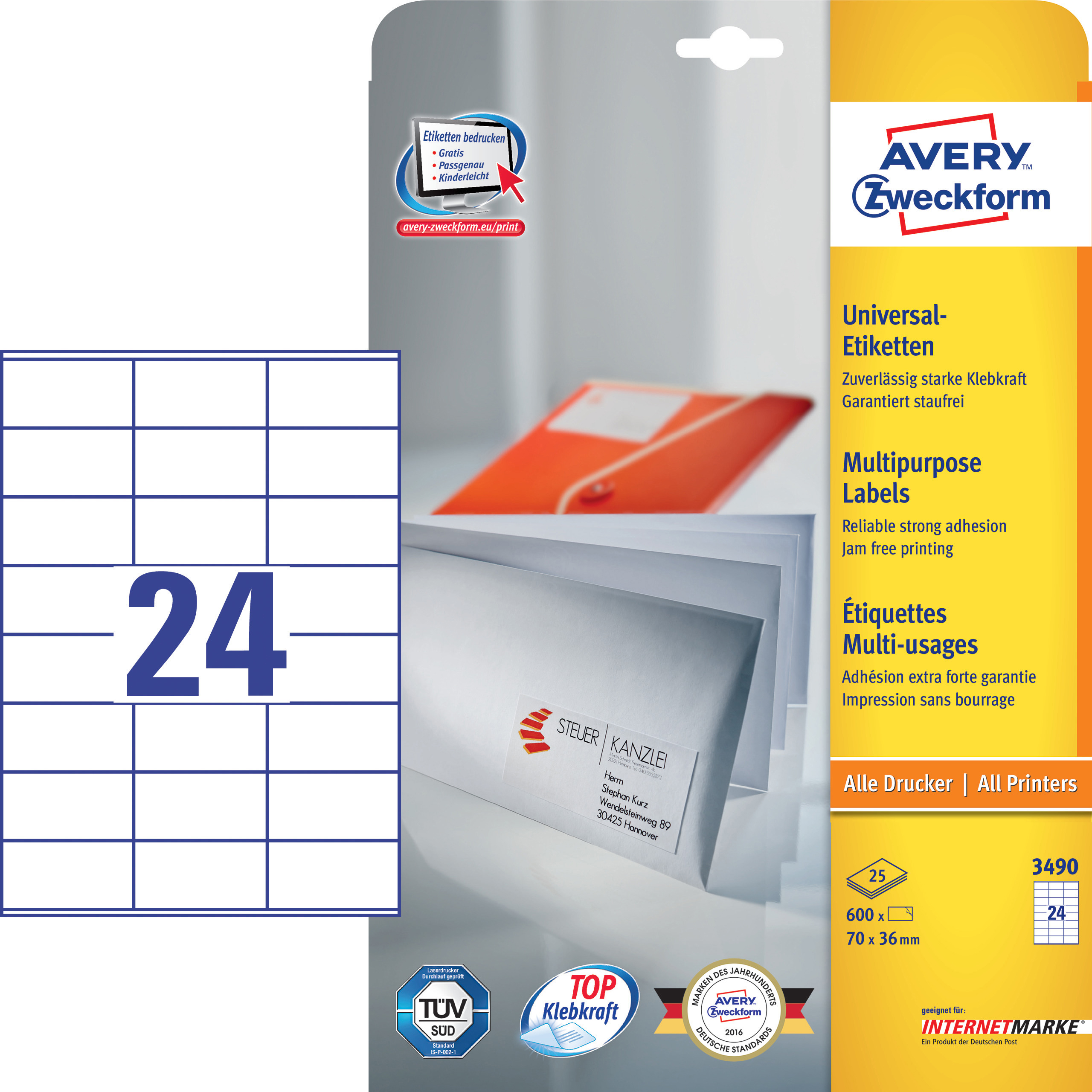 Avery Zweckform Etikettenpaket. Enthält Etiketten, mit Text und einem Diagramm.