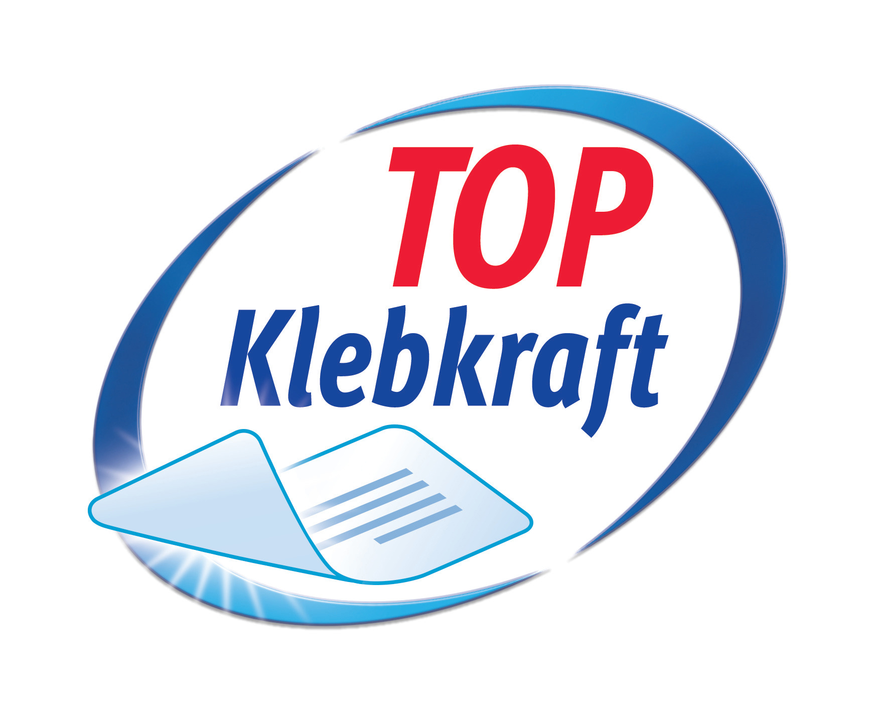 Logo mit 'TOP Klebkraft' in Rot und Blau, mit einem blauen Oval und einer Papiergrafik.