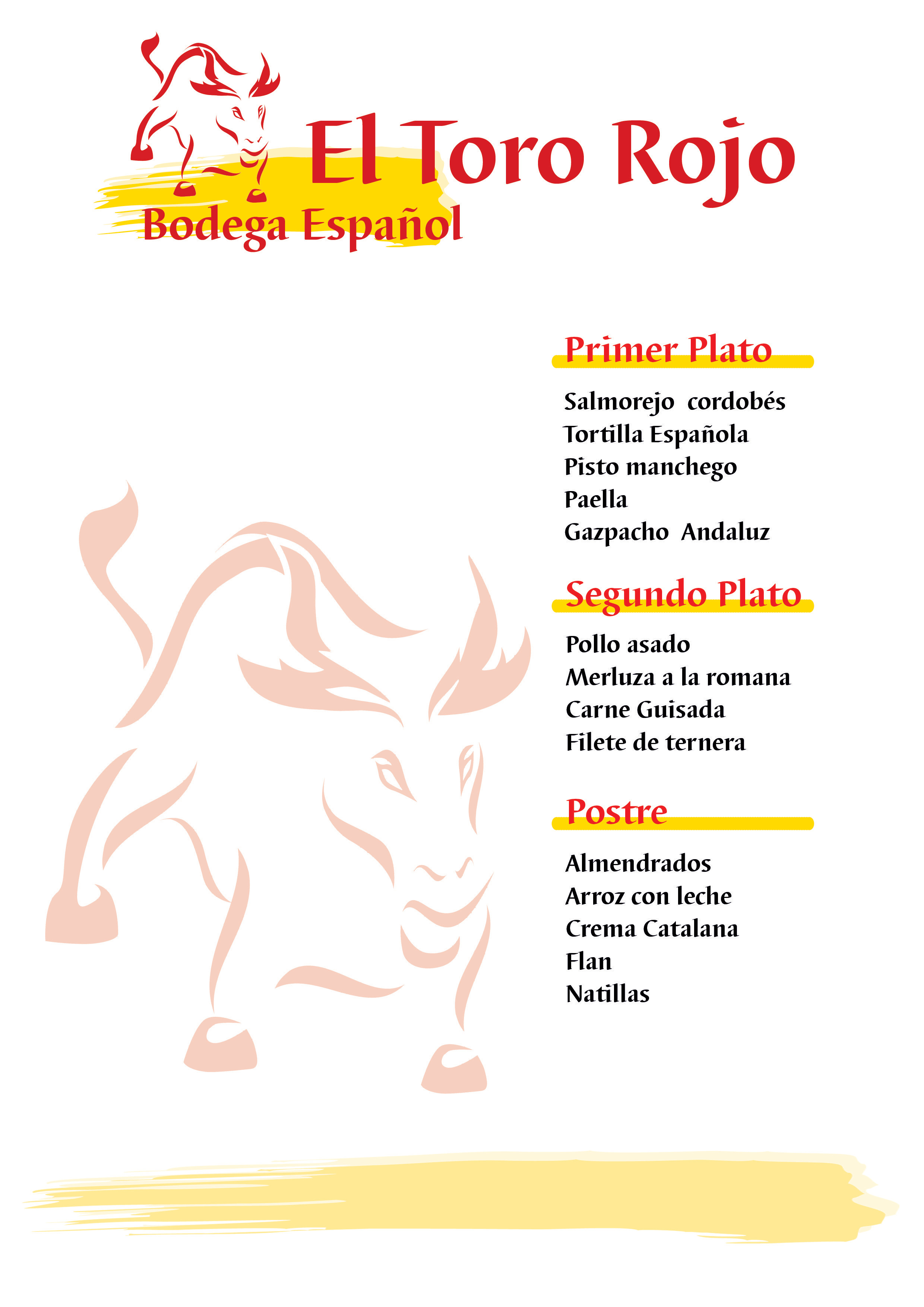 Spanische Speisekarte mit Stier-Logo. Listet Vorspeisen, Hauptgerichte und Desserts.