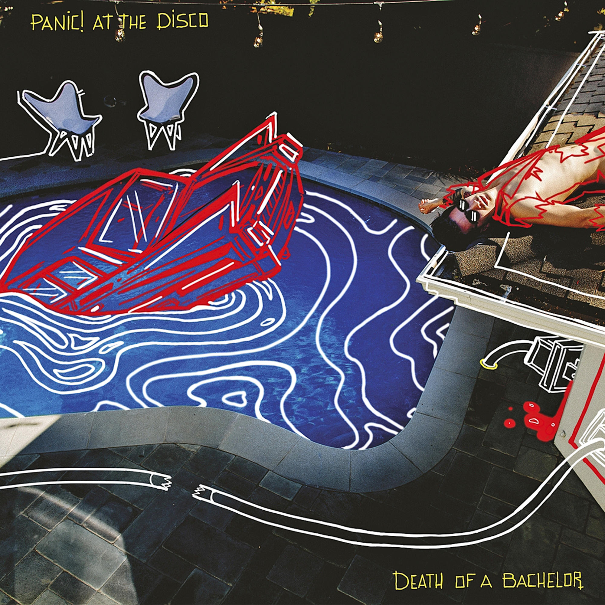 Albumcover. Ein Pool und eine Person liegt auf dem Dach. Titel: Death of a Bachelor. Panic! At The Disco Logo.