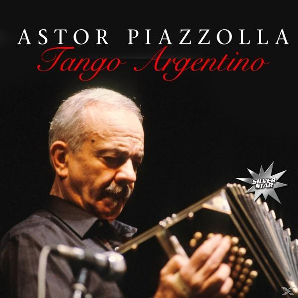 Astor Piazzolla Albumcover, mit einem Mann, der Akkordeon spielt. Dunkler Hintergrund, Titel: Tango Argentino.