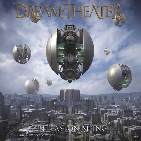 Album borító Dream Theater logóval, lebegő gömbökkel, futurisztikus várossal a háttérben. Cím: The Astonishing.