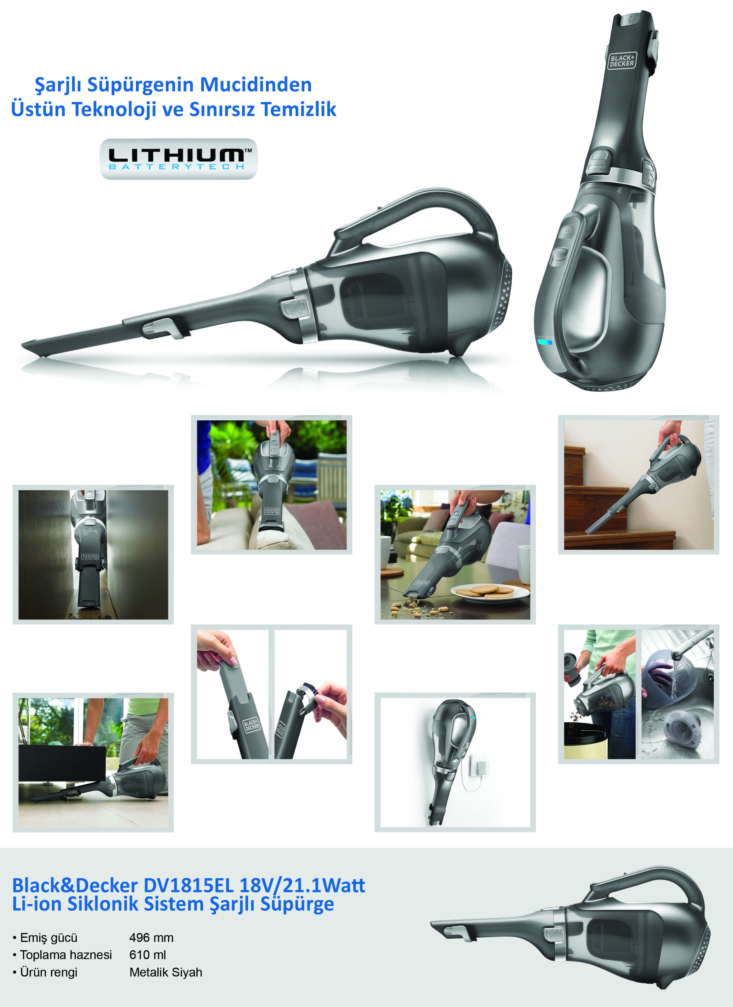 BLACK & DECKER DV1815EL 18V/21.1 W Li-ion Siklonik Sistem Şarjlı Süpürge