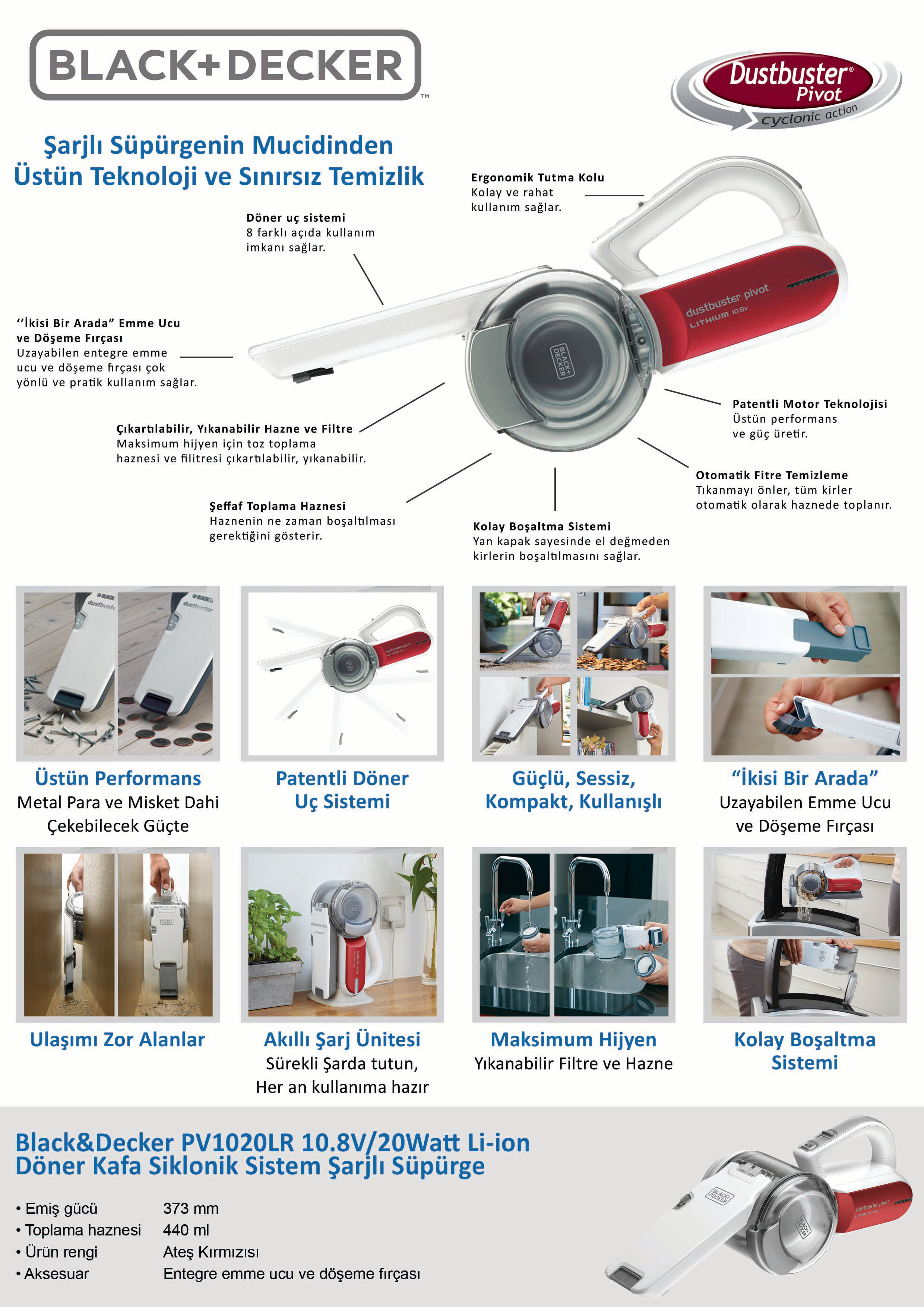 BLACK & DECKER PV1020LR 10.8V/20W Li-ion Döner Kafa Siklonik Sistem Şarjlı Süpürge