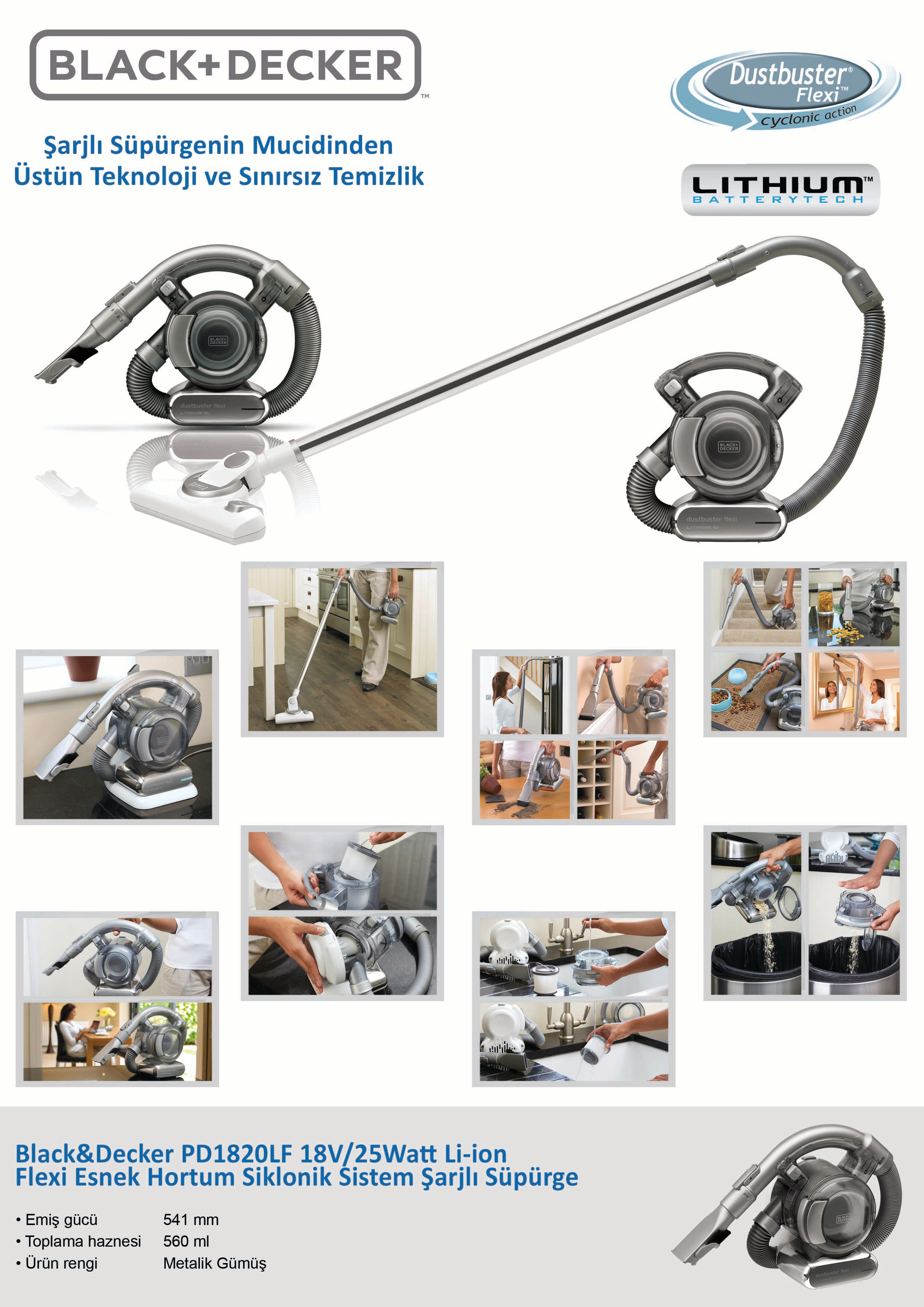 BLACK & DECKER PD1820LF 18V/25W Li-ion Flexi Esnek Hortum Siklonik Sistem Şarjlı Süpürge