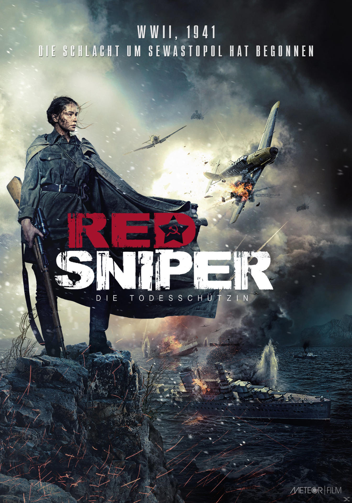 Filmplakat einer Scharfschützin im Zweiten Weltkrieg, mit Flugzeugen, Explosionen und dem Meer.