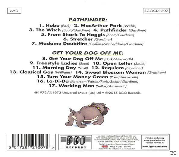 CD-Rückseite mit Hundecartoon, Trackliste und Text auf Englisch.