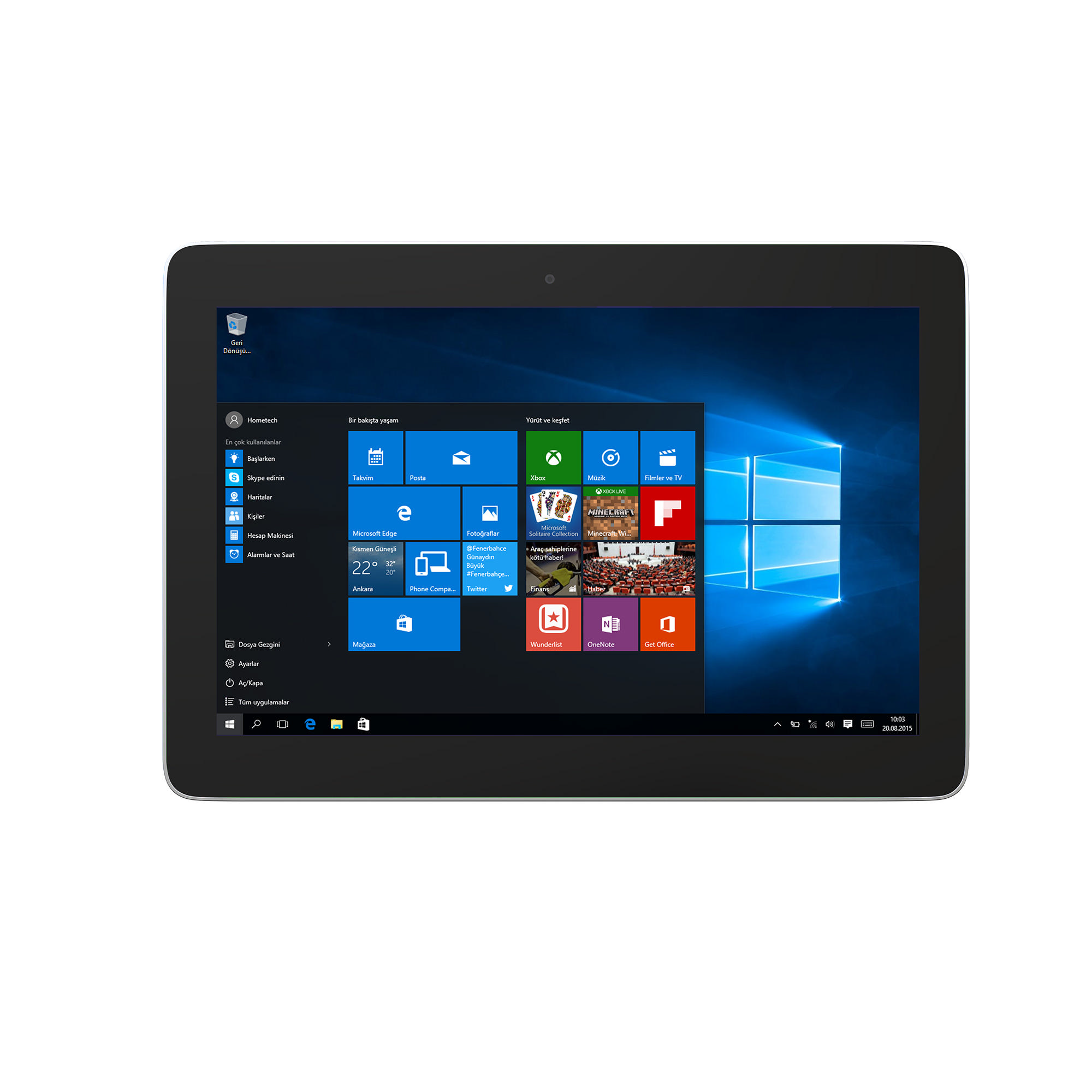 Windows 10 başlangıç menüsünü gösteren bir tablet. Simgeler arasında takvim, posta, Microsoft Edge ve Minecraft bulunur.