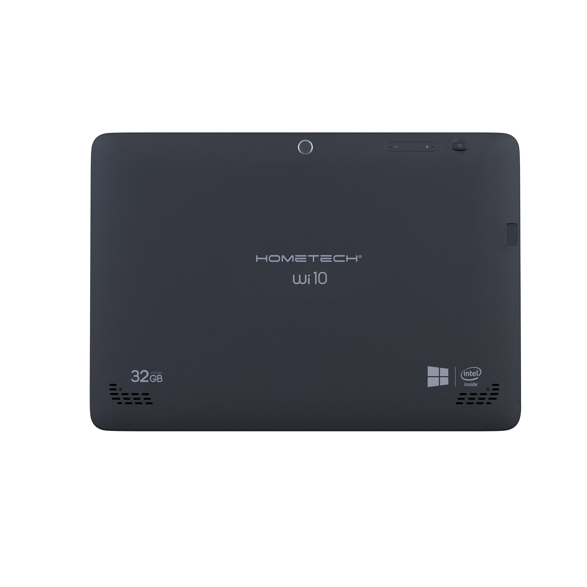 Koyu gri tablet arkası. HomeTech Wi10, 32GB, Intel Inside, Windows logosu ve bağlantı noktalarını gösterir.