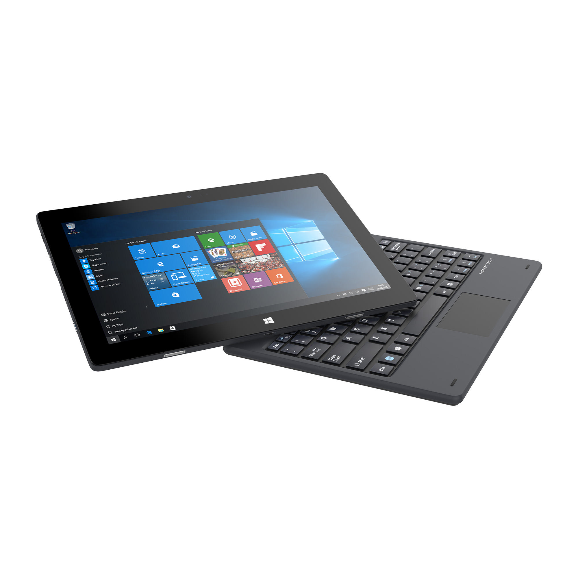 Siyah bir tablet, beyaz zemin üzerinde siyah bir klavyenin üzerinde duruyor. Tablet, Windows arayüzünü gösteriyor.