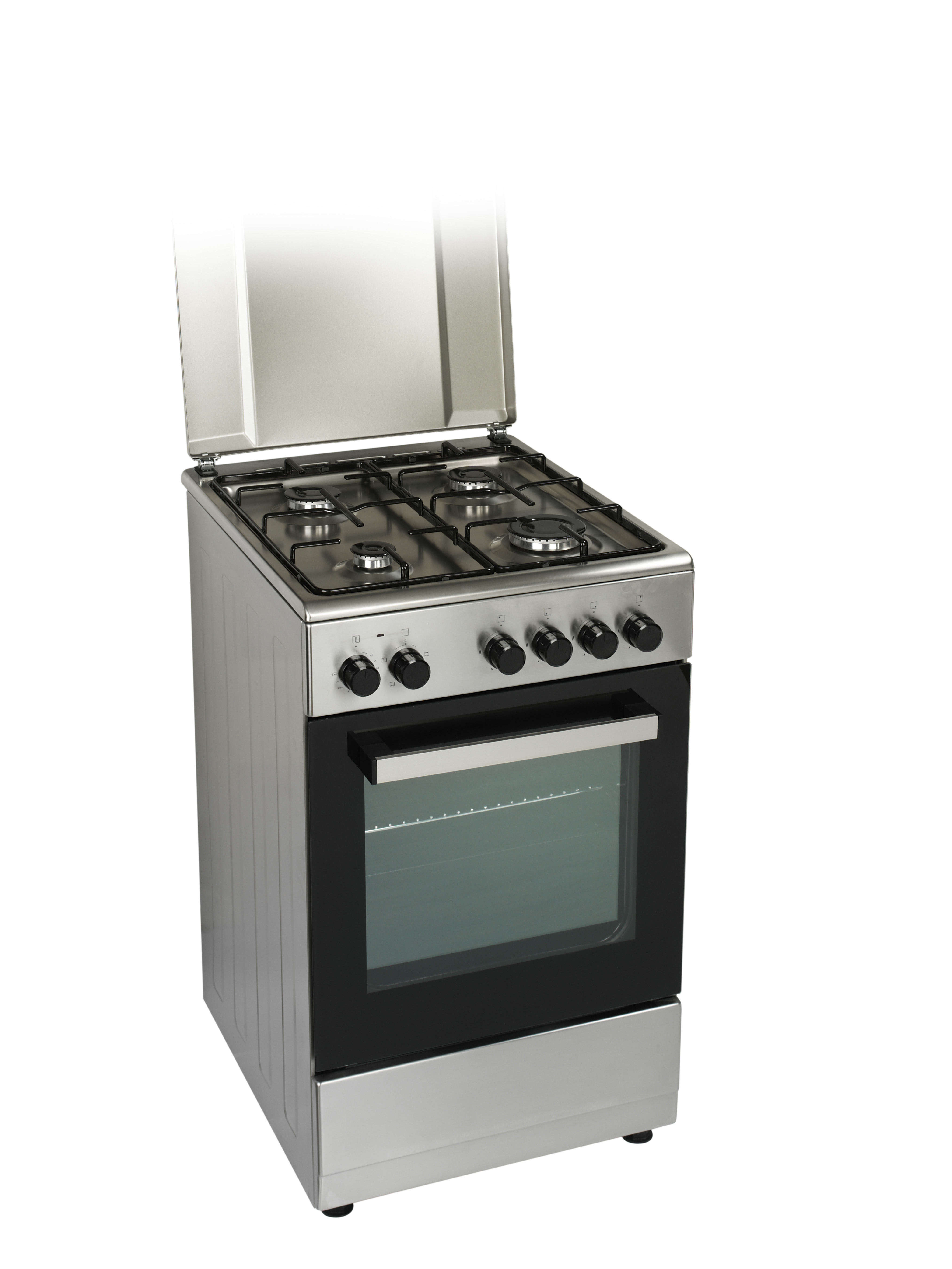 A silver gas stove with the top open. It has four burners and an oven below. It is on a white background.