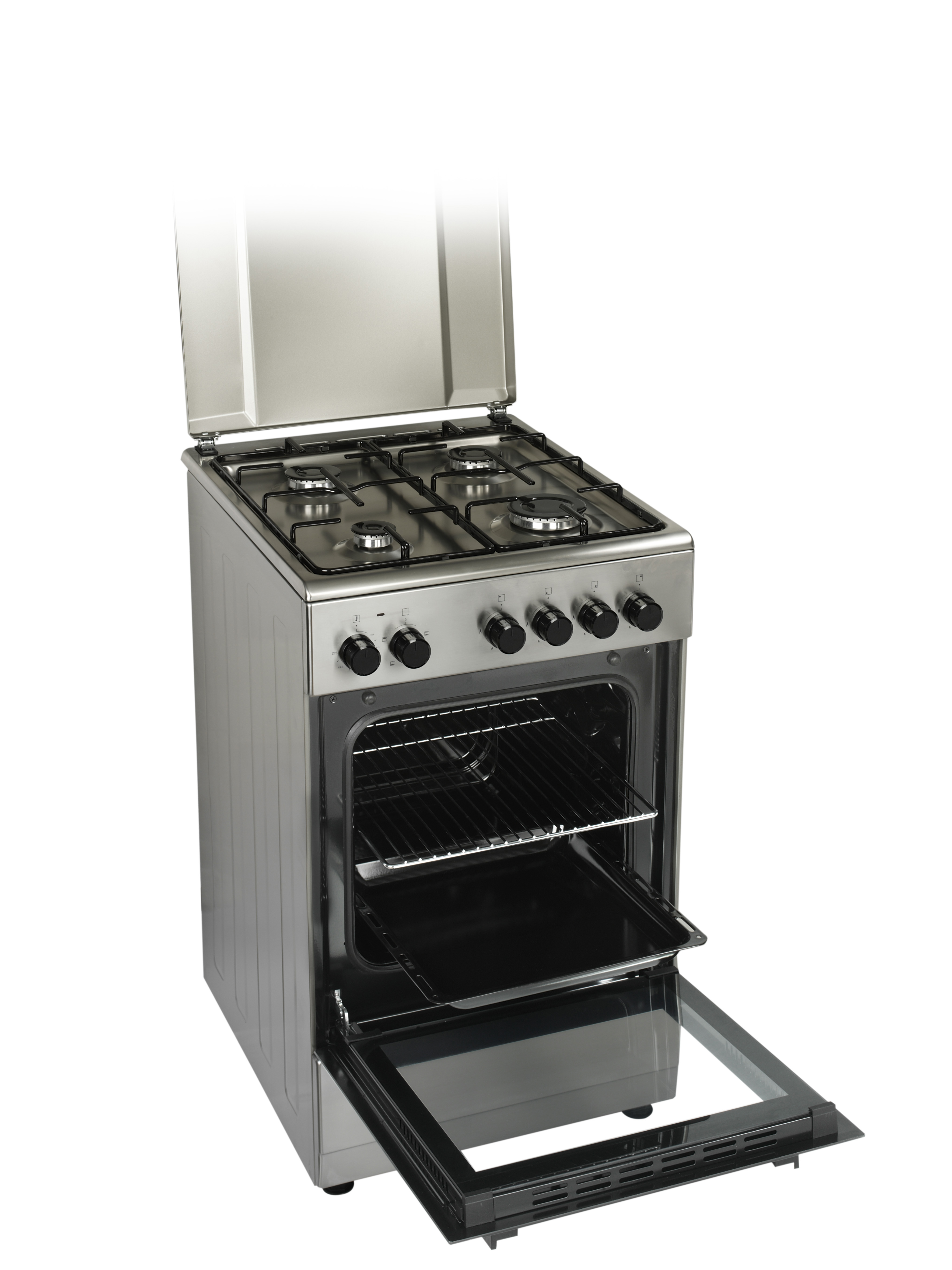 A silver gas stove with the oven door open, showing the interior and a tray.