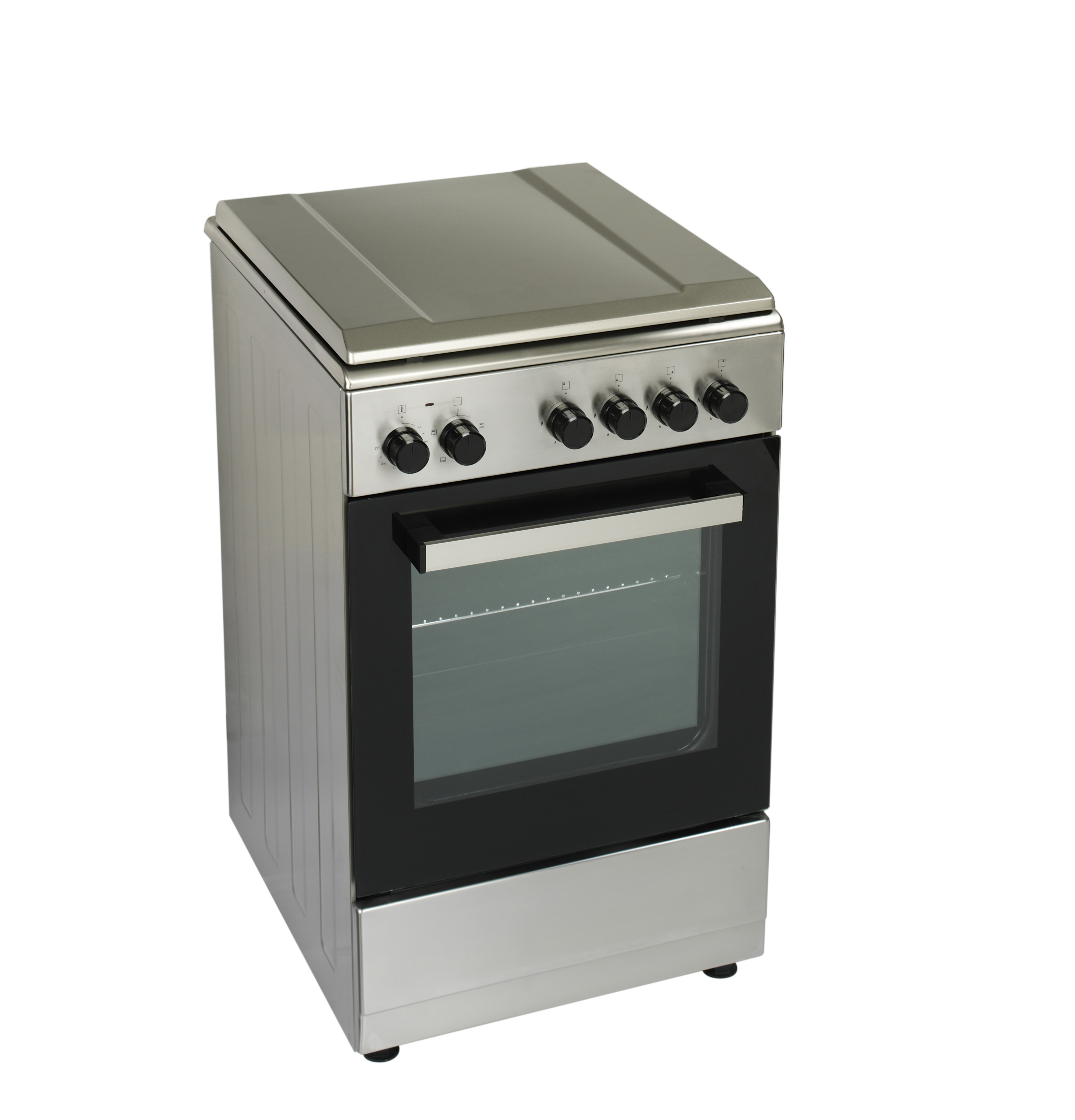 Silver stainless steel oven, isolated on a white background. Black glass door and controls.