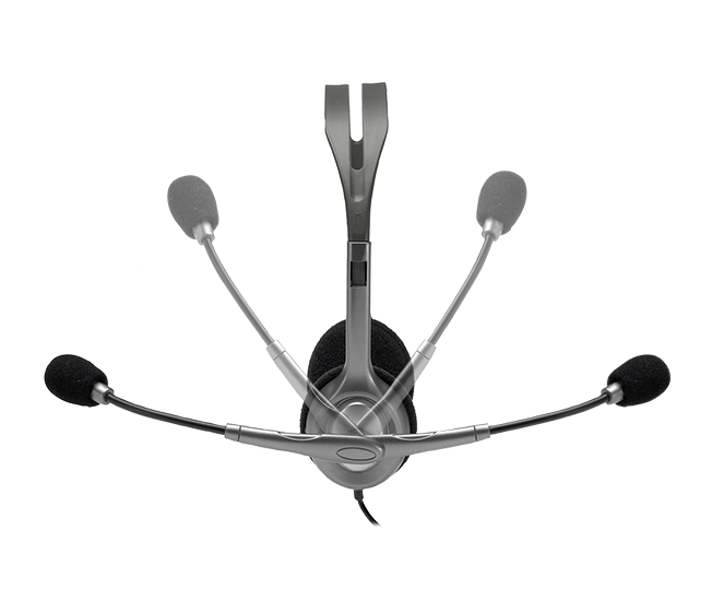 Headset with four microphones arranged around the ear cups.